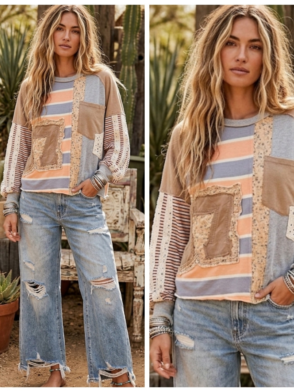 Oli & Hali Taupe, Peach & Gray Patchwork Long-Sleeve Top